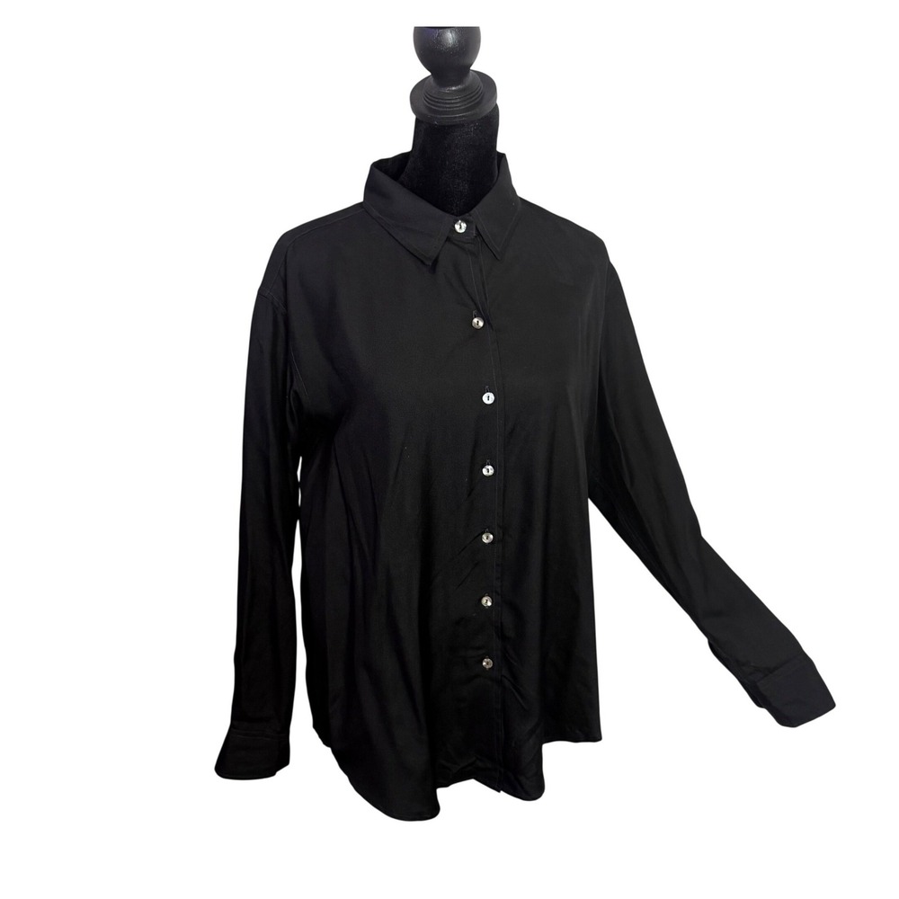 Jill McGowan Black 100% Silk Button Down Oversized Blouse Gathered Back Size S